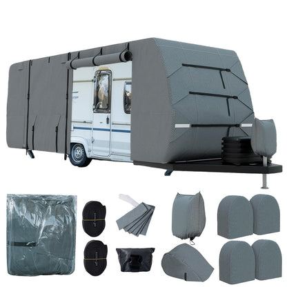 Travel Trailer RV Cover Fits Camper Cover, 7 Layers Heavy Duty RV & Trailer Cover, Toy Hauler Cover with Tongue Jack Cover Extra Windproof Straps Gutter Covers (24-27FT)