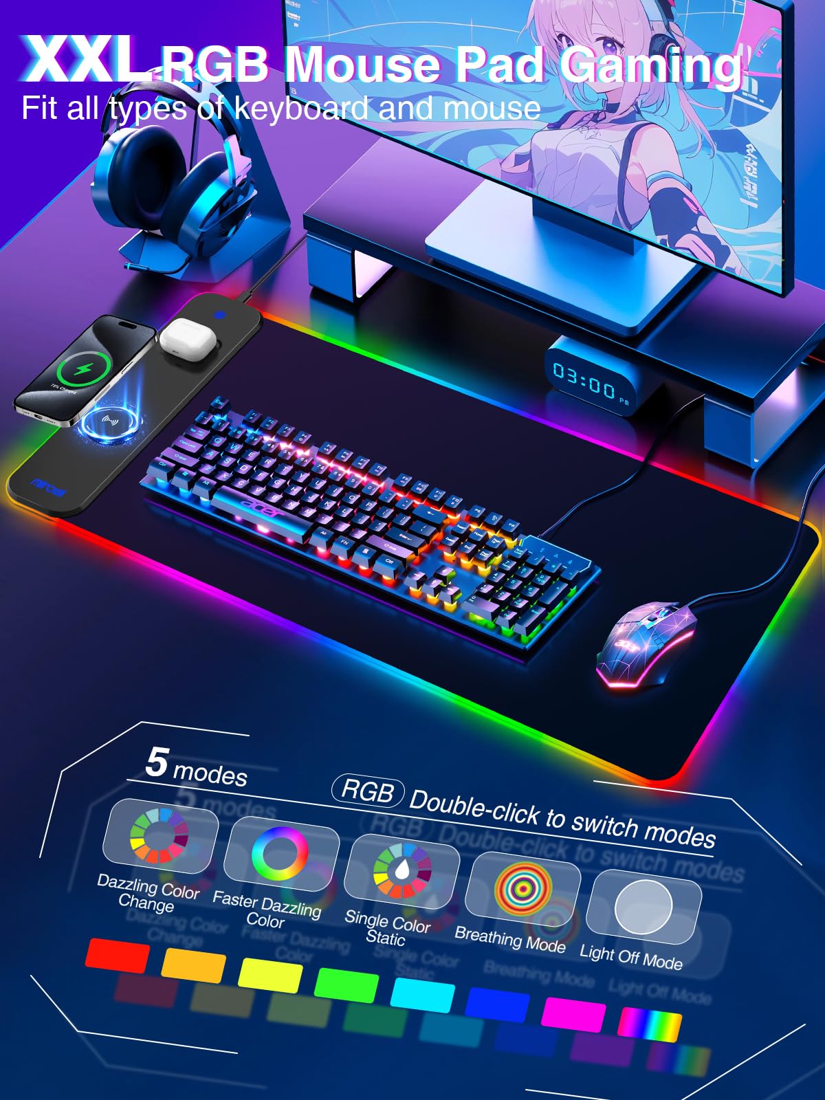 Mouse Pad with Wireless Charging, Large Desk Mat RGB Gaming Mousepad, 10 Light Colors LED Gaming Pad Keyboard Pad with Ultra-Smooth Surface & Non-Slip Rubber Base, Waterproof Full Desk Mouse Pad