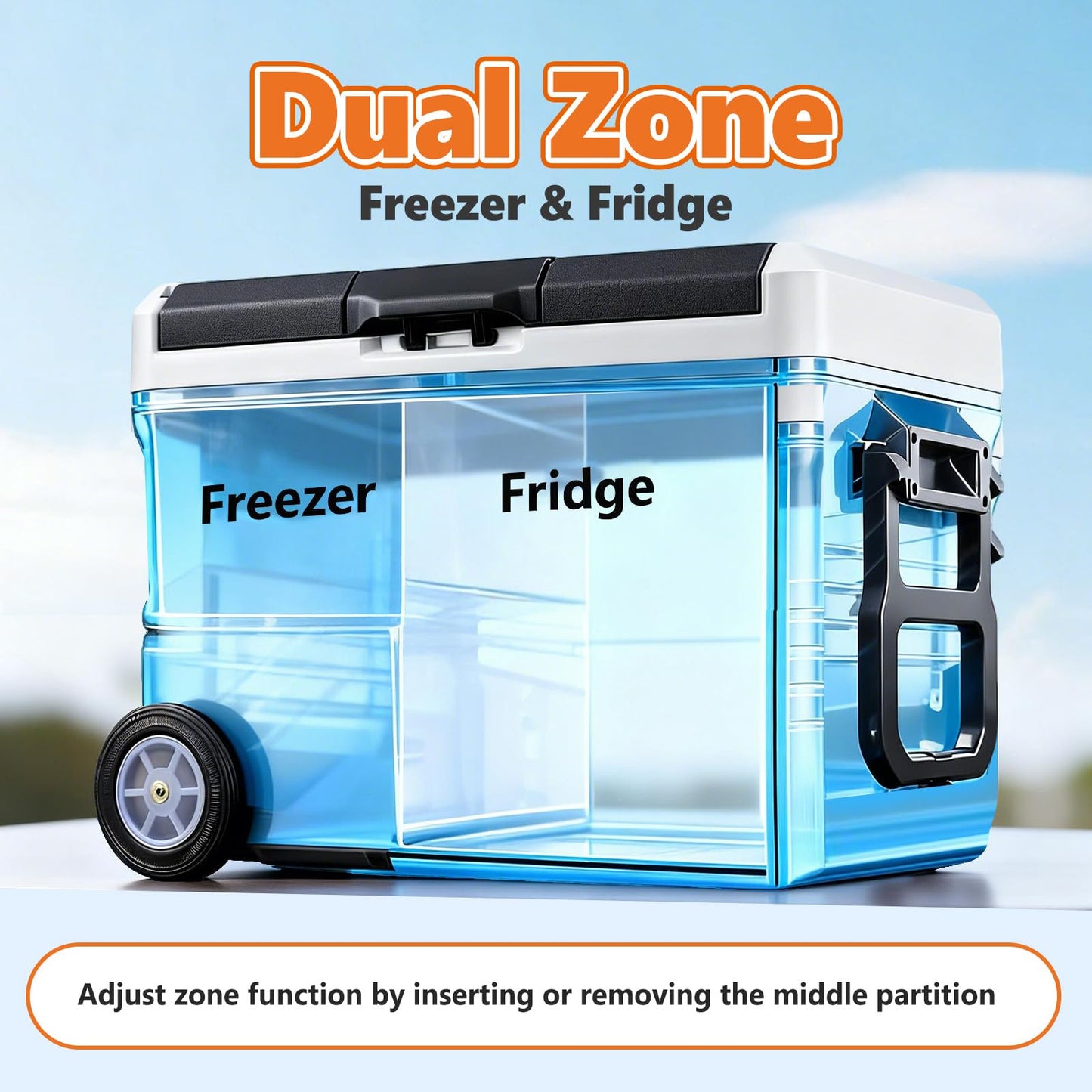OLIXIS Portable Car Refrigerator, 53QT Dual-Zone Electric Cooler for Vehicles with Wheels & Cutting Board, -4℉-68℉ Freezer Smart Control via Bluetooth, Battery Protection, 12/24V DC & 100-240V AC