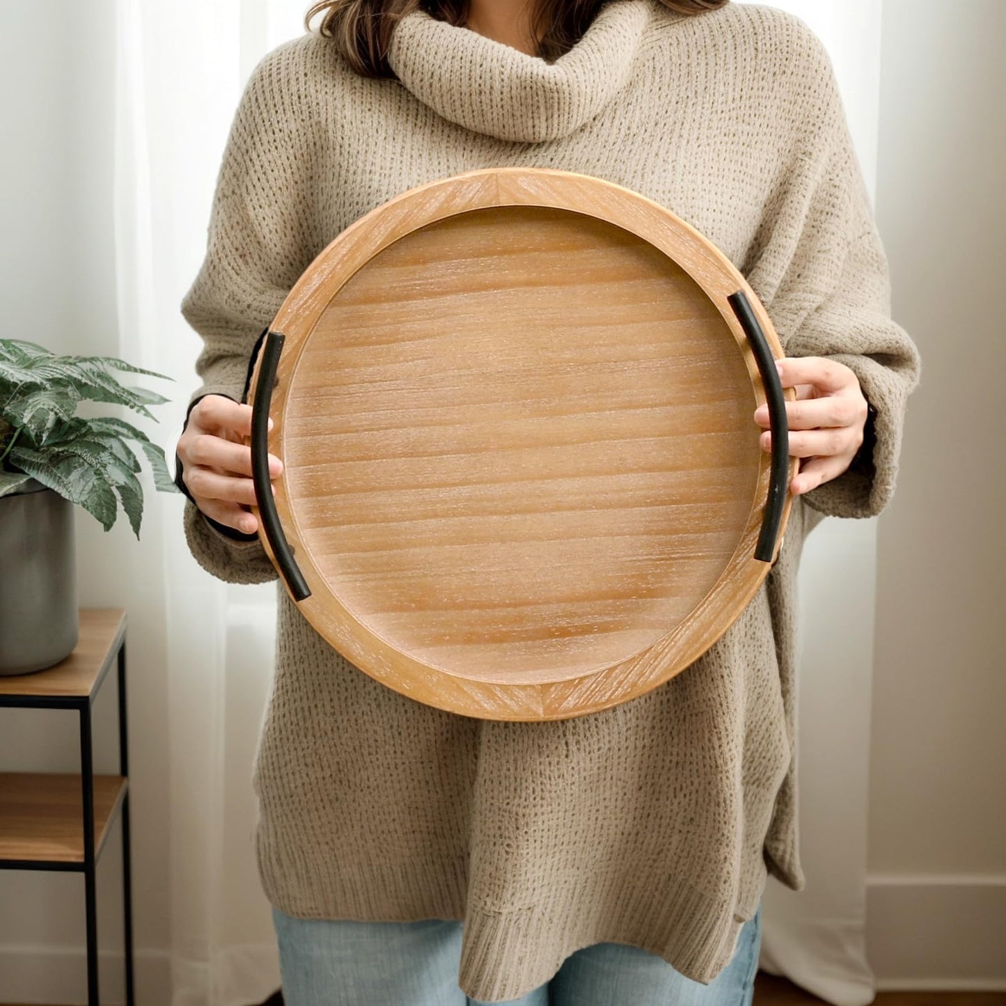 SwallowLiving Brown Wooden Beaded Serving Tray with Handle Decorative Rustic Tray for Coffee Table Farmhouse Round Tray for Kitchen, Living Room and Bedroom