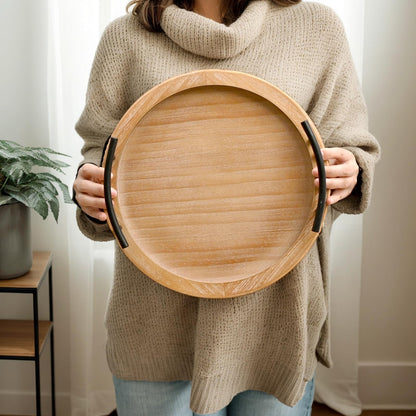 SwallowLiving Brown Wooden Beaded Serving Tray with Handle Decorative Rustic Tray for Coffee Table Farmhouse Round Tray for Kitchen, Living Room and Bedroom