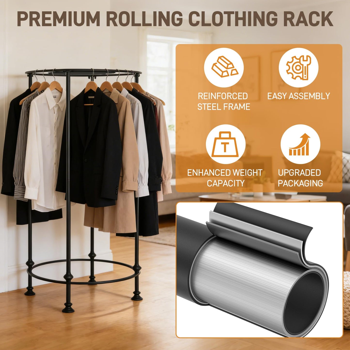 Gereat Dual-Form Rolling Round Clothing Rack, 330LBS Heavy Duty Garment Rack with Wheels or Leveling Feet, Rotating Commercial Retail Display Rack with Wood Topper for Boutique & Laundry Room