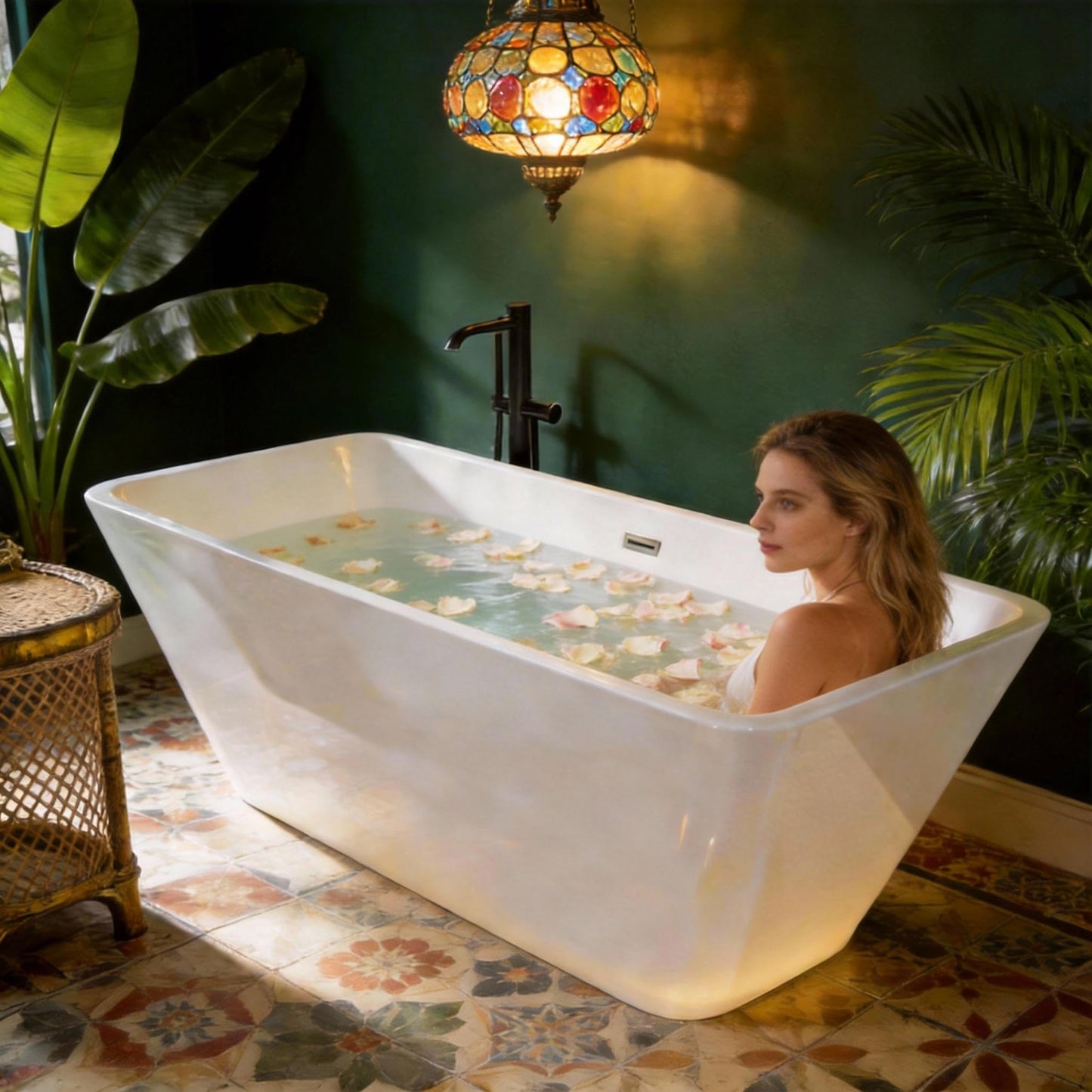 59" Freestanding Bathtub, Modern Soaking Bathtub, Freestanding Rectangular Tub with Non-Slip Base and Easy Drain, Deep Design for Adults, Ideal for Bathroom Relaxation, Chrome Drain, White