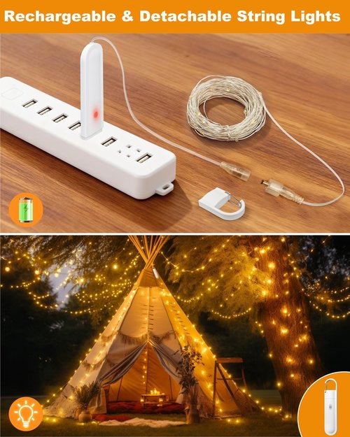 Btfarm Rechargeable Fairy Lights - 33FT 100LED Waterproof Twinkle Lights with Remote & Timer | Warm White Indoor/Outdoor Decor
