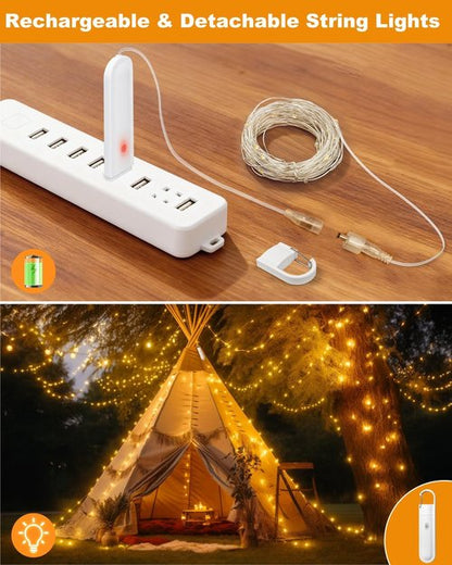 Btfarm Rechargeable Fairy Lights - 33FT 100LED Waterproof Twinkle Lights with Remote & Timer | Warm White Indoor/Outdoor Decor