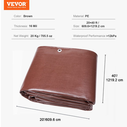 VEVOR Tarp 20x40 ft 16 Mil Extra Thick, Waterproof Poly Plastic Tarps Cover, Multi-Purpose Outdoor Tarpaulin with Grommets & Reinforced Edges for Truck, RV, Boat, Camping (Brown)