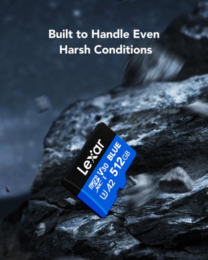Lexar 512GB Blue Micro SD Card Up to 160MB/s, microSDXC UHS-I Memory Card with SD Adapter, C10, U3, A2, V30, Full HD, 4K UHD, High Speed TF Card