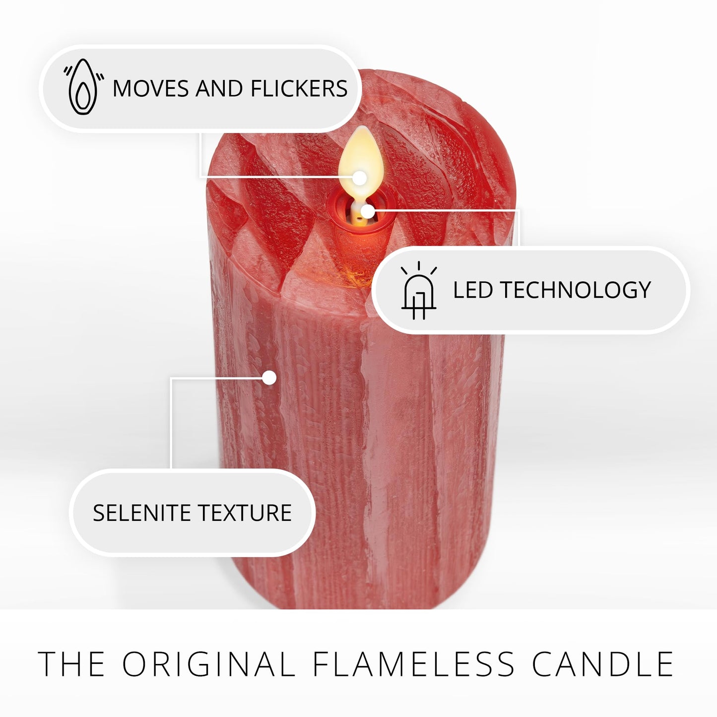 Luminara Selenite Looking Flameless Candle, Holiday Red 3" x 6.5", Battery Operated Real Wax Moving Flame LED Pillar w/Timer, Home Decor Unscented