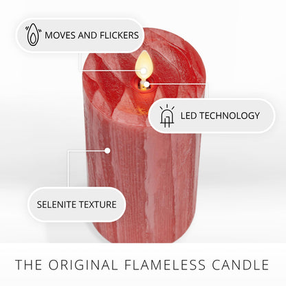 Luminara Selenite Looking Flameless Candle, Holiday Red 3" x 6.5", Battery Operated Real Wax Moving Flame LED Pillar w/Timer, Home Decor Unscented
