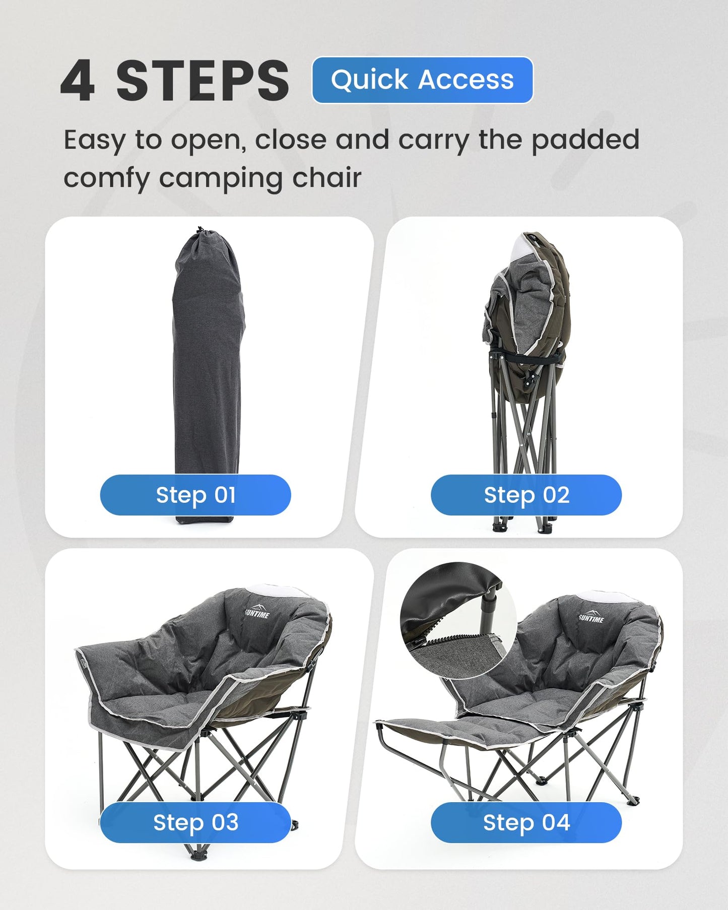 Upgrade Oversized Padded Comfy Camping Chair with Removable Leg Rest,Adjustable Cup Holder,Built-in Comfy Foam Armrest Supports,Heavy Duty Outdoor Round Folding Chair for Camping, Carry Bag, Gray