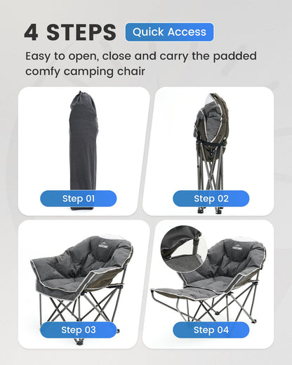 Upgrade Oversized Padded Comfy Camping Chair with Removable Leg Rest,Adjustable Cup Holder,Built-in Comfy Foam Armrest Supports,Heavy Duty Outdoor Round Folding Chair for Camping, Carry Bag, Gray