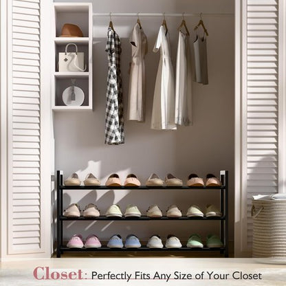 Bumusty Expandable Shoe Rack - 3-Tier Adjustable Organizer for Small Spaces | Sturdy Metal, Black (18"-33")