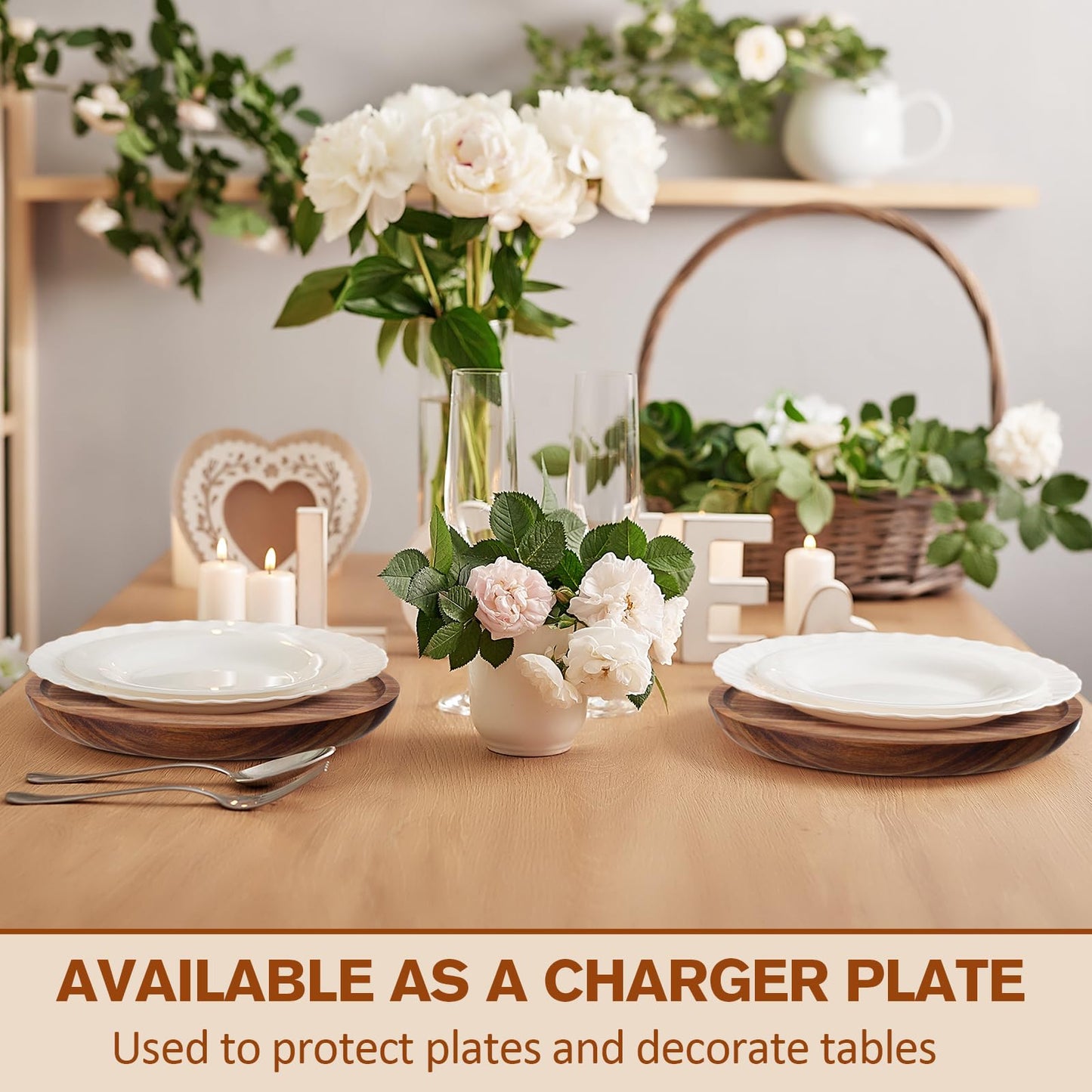 Rtteri 12 Pcs Acacia Wood Dinner Plates Round Wood Dishes Wooden Charger Serving Tray Easy Cleaning Lightweight Unbreakable Classic Plate for Snack Dessert Housewarming Gift(0.98 Inches)