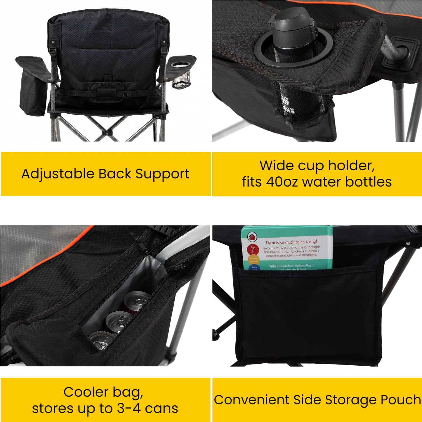 FAIR WIND 2 Pack Fully Padded Oversized Camping Chair Heavy Duty Lawn Chair Set with Adjustable Lumbar Support, Cooler Bag & Cup Holder for Camp, Outdoor,Sports - Support 500LBS