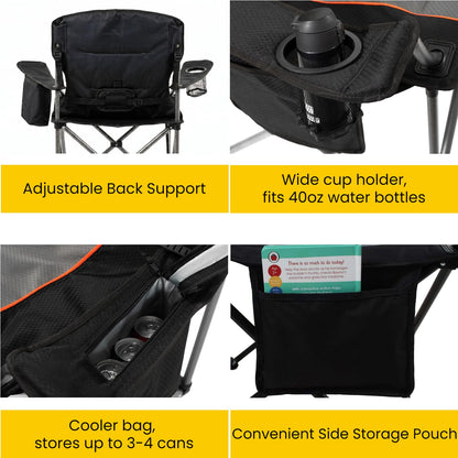 FAIR WIND 2 Pack Fully Padded Oversized Camping Chair Heavy Duty Lawn Chair Set with Adjustable Lumbar Support, Cooler Bag & Cup Holder for Camp, Outdoor,Sports - Support 500LBS