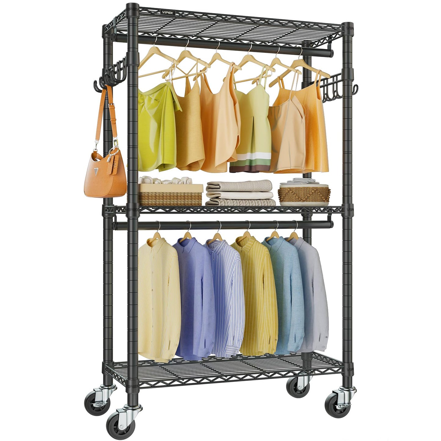 VIPEK R2 Mini Rolling Clothes Rack Heavy Duty Clothing Rack for Hanging Clothes Adjustable Portable Closet Metal Clothes Racks with Wheels Double Rods Side Hooks, Freestanding Garment Rack, Black