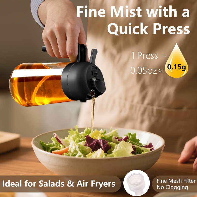 SWEET VIEW 2PCS Olive Oil Sprayer for Cooking, 16oz/470ml Glass Oil Dispenser/Pour Bottle, Kitchen Accessories, Kitchen Gadgets for Air Fryer, Salad, BBQ, with Stickers (Black,Green)