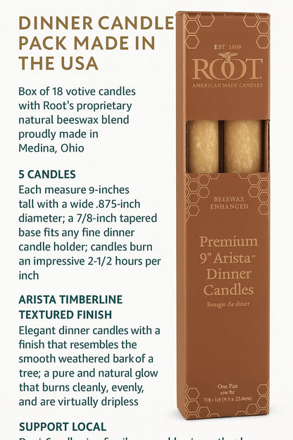 Root Candles 2-Count Unscented Dinner Candles Rustic Dripless Beeswax Blend Timberline Arista Candles, 9-Inch, Beeswax