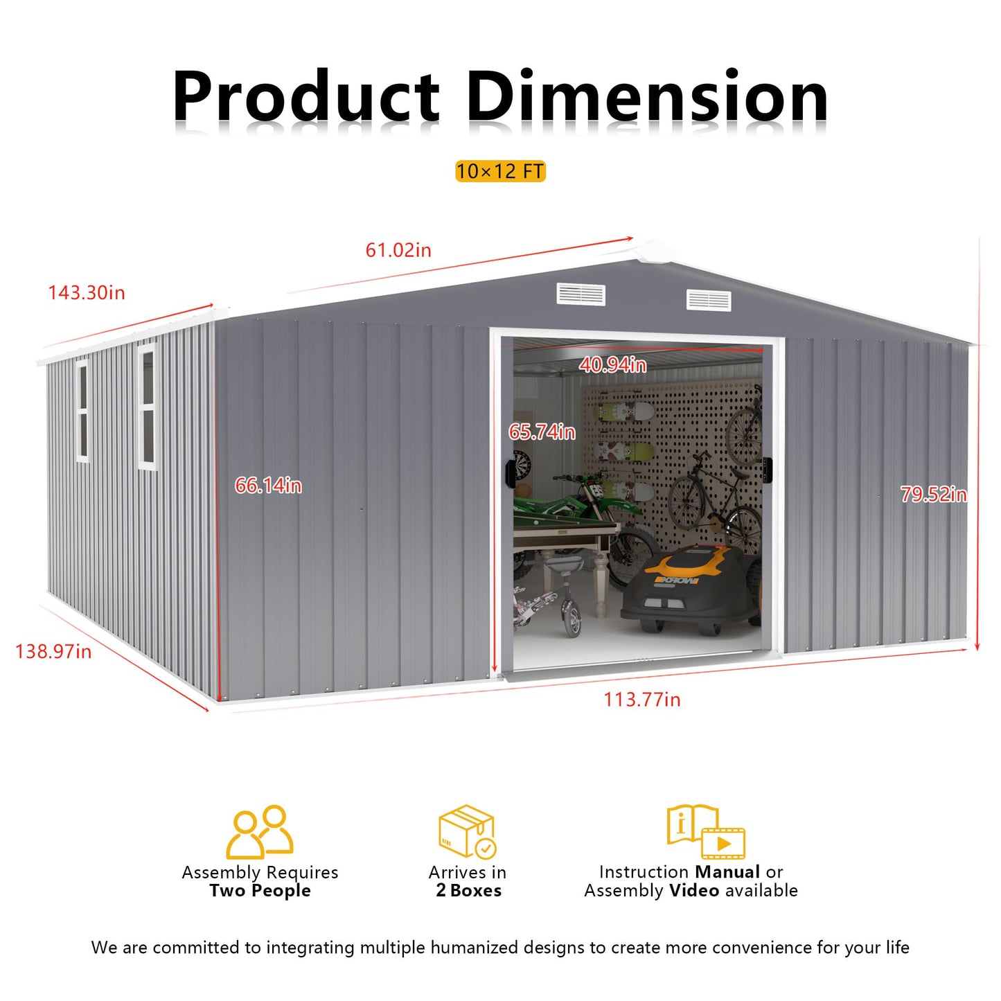 KEIKI 10' x 12' Metal Garden Storage Shed with Foundation Kit, Double Door Outdoor Tool Shed with 2 Windows, Color Steel Construction, Dark Gray