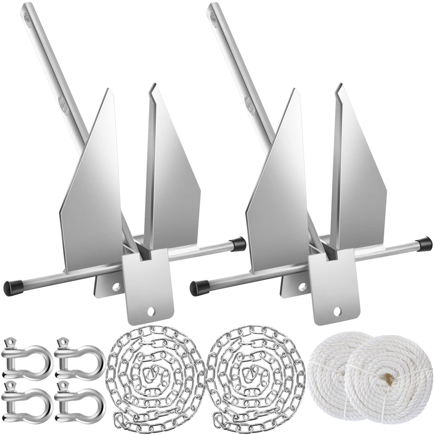 Lounsweer 2 Sets Boat Anchor Kit Portable Galvanized Fluke Anchor with Anchor Chain, Anchor Rope and Shackles for Different Size Boats Pontoon, Deck, Fishing, and Sail Equipments (Silver,25ft Boats)
