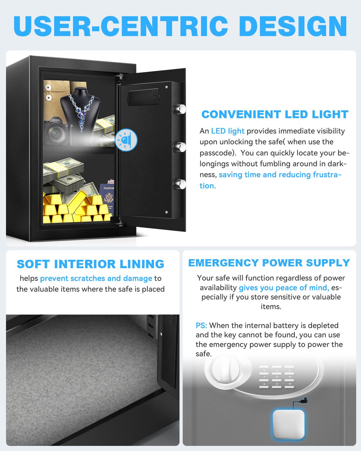 16.54" Tall Large Safe Box with Fireproof Waterproof for Documents - Steel Security Personal Fire Safe with Digital Keypad, Emergency Battery Box & Combination Lock, Safety Box for Valuables Money