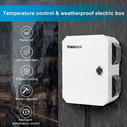 Outdoor Electrical Box with Thermostat and Fan, Cold-Rolled Steel Plate, Aluminum Alloy Back Beam, One-Piece Ventilation Design, IP65 Waterproof, Wall/Pole Mounted. (15.7" x 11.8" x 7.9")