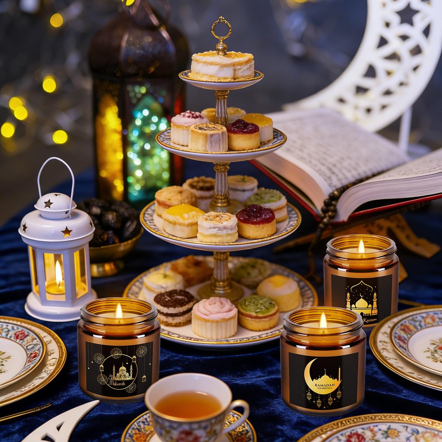 12pack Ramadan Scented Candles 3.5oz Soy Wax，Muslim Islamic Party Favors Gifts Glass Jar Candles for Home Happy Eid Festival Decor(Brown,Pattern)