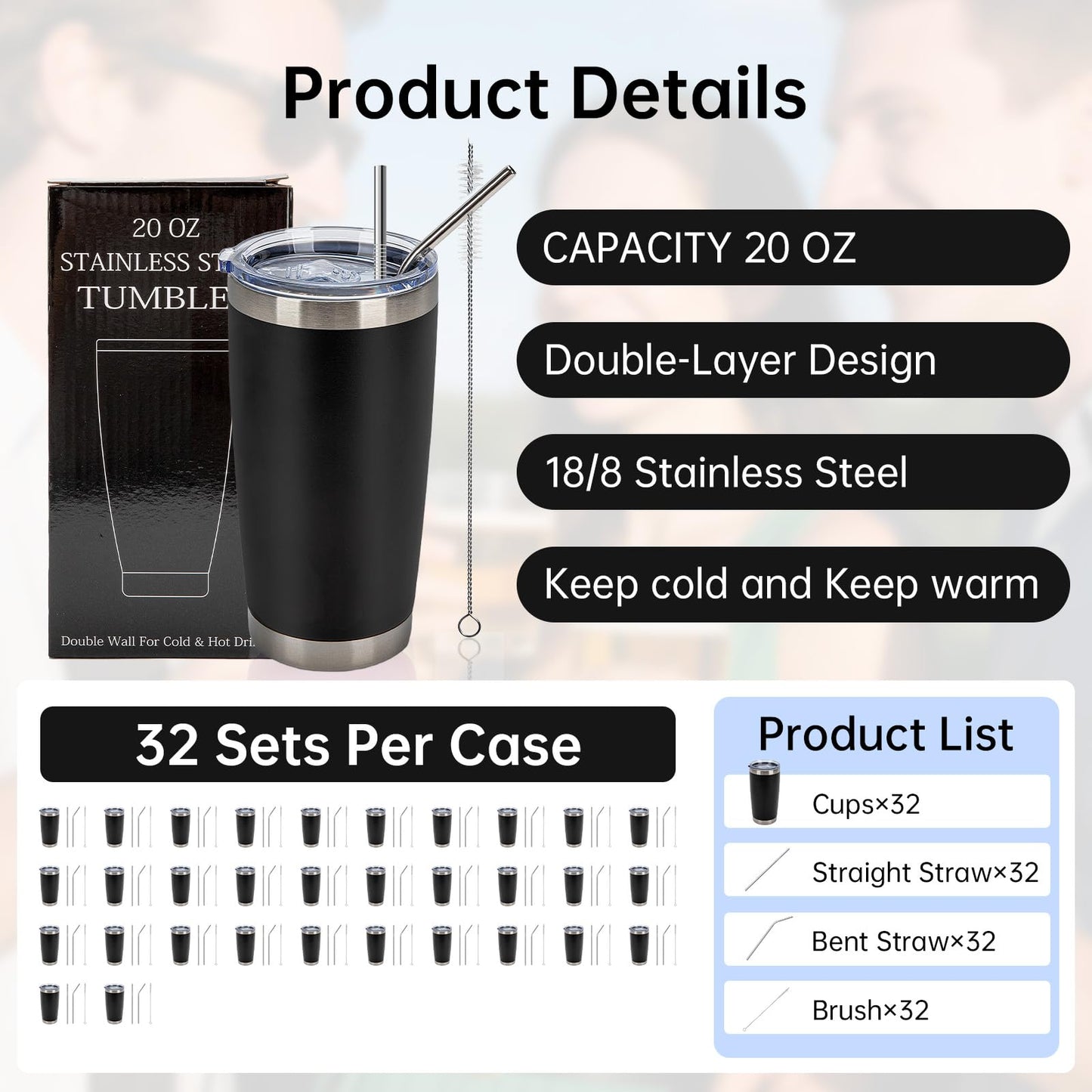 IEOVIEE 32 Pack, 20oz Stainless Steel Bulk Tumblers with Lids and Straws, Double Wall Insulated Travel Coffee Mug, Durable Powder Coated Tumbler Bulk Cup for Cold and Hot Drinks(Black)