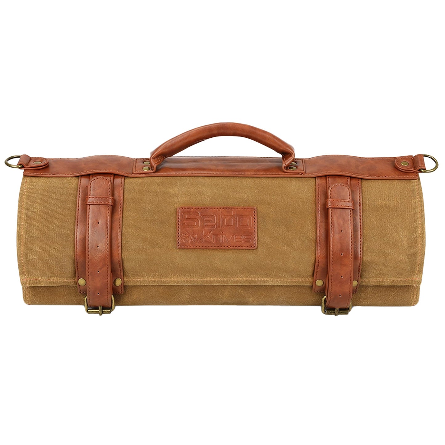 Seido Knives Classic Knife Roll Bag - Heavy Duty Canvas & Leather - Holds 18 Culinary Tools, Including 12 Large Knives, 4 Utensil Slots, and 2 Meat Cleaver Compartments