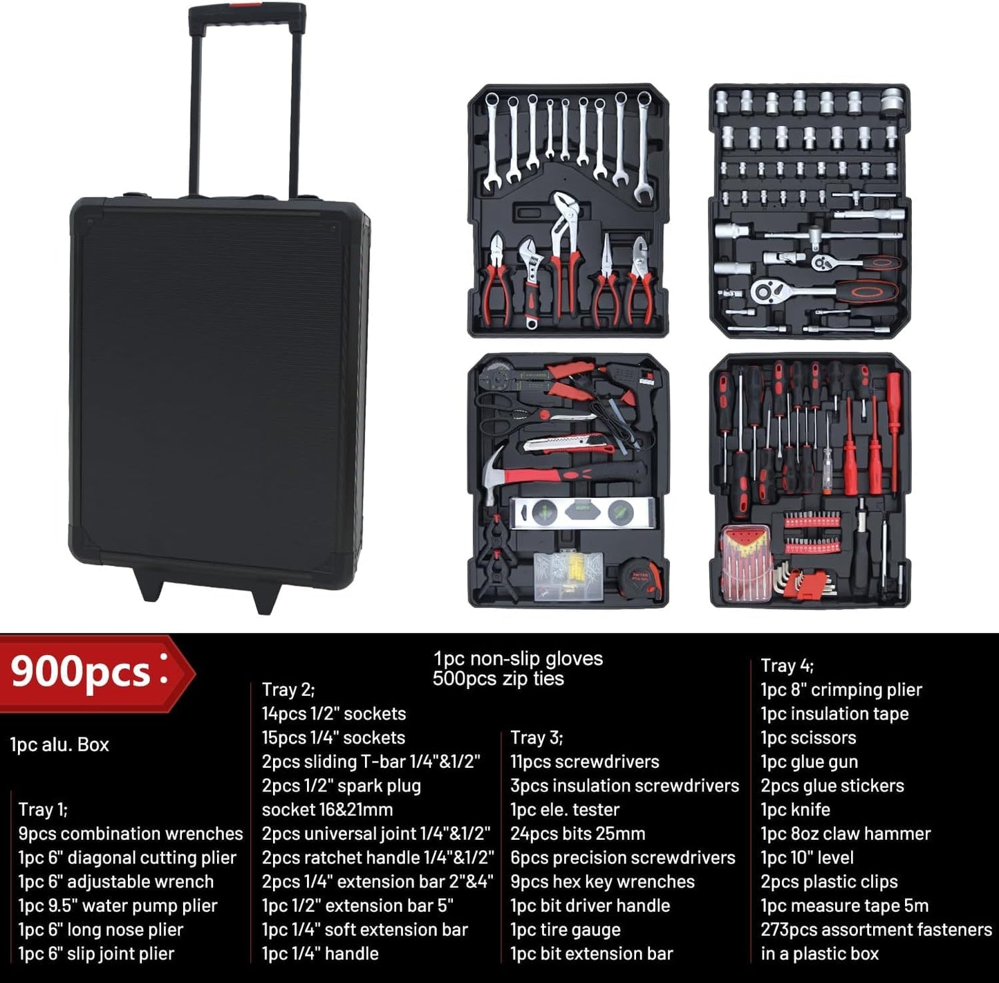 Hantinstom 900PCS Pro-Grade Tool Set: Massive Selection; Heavy-Duty Rolling Toolbox; For Professional Repair, Maintenance & Industrial Use