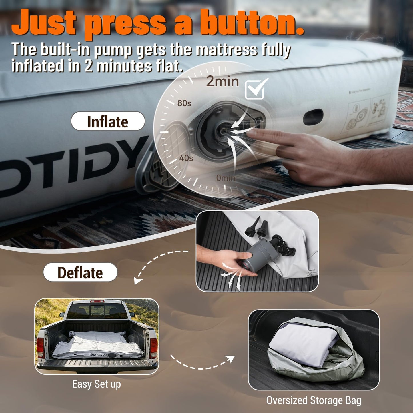 Comfortable Fabric Texture Truck Bed Mattress 5.5-5.8ft for Full-Size Pickup with extender, Truck Bed Air Mattress Customized for Tundra/ F150/ Silverado/ Ram1500, with Bult-in-Air Pump,Camping