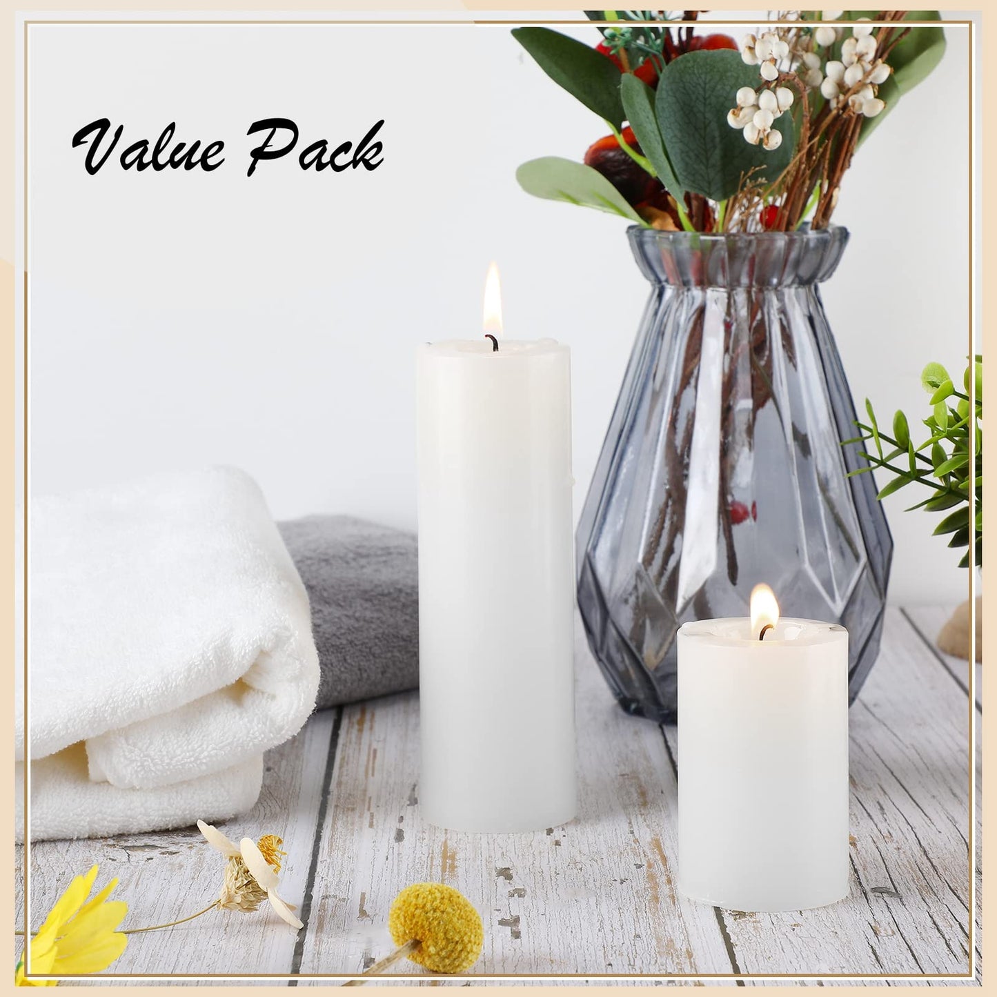 Lounsweer 12 Pcs Pillar Candles Bulk for Wedding Unscented Pillar Candles 3 Set 2 x 3/6/8 Inch Multi Size for Weddings Engagement Spa Home Party Events Ceremony(White)