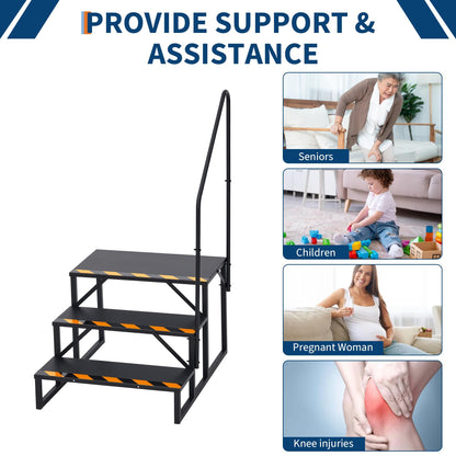 CuisinSmart 3 Step RV Stairs with Handrail - Portable Hot Tub Steps & Outdoor Ladder for Camper, Trailer, Mobile Home | Non-Slip Tread