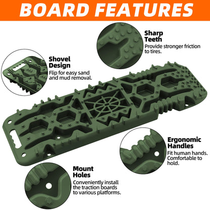 ALL-TOP Traction Boards with Build-in Jack Base, 2PCS Recovery Boards & Mounting Kit for Overlanding (4th Gen, Army Green)