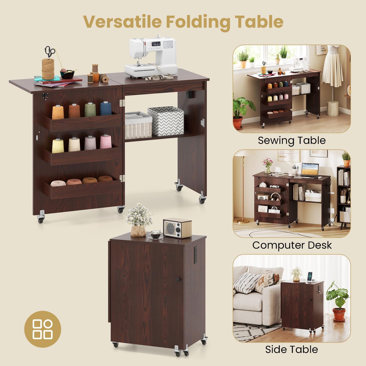 Nightcore Folding Sewing Table, Multipurpose Craft Table with Charging Station, Lockable Casters, Rack and Storage Shelves, Space-Saving Cart, Sewing Desk Cabinet for Living Room Home Studio