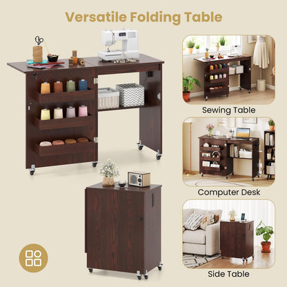 Nightcore Folding Sewing Table, Multipurpose Craft Table with Charging Station, Lockable Casters, Rack and Storage Shelves, Space-Saving Cart, Sewing Desk Cabinet for Living Room Home Studio
