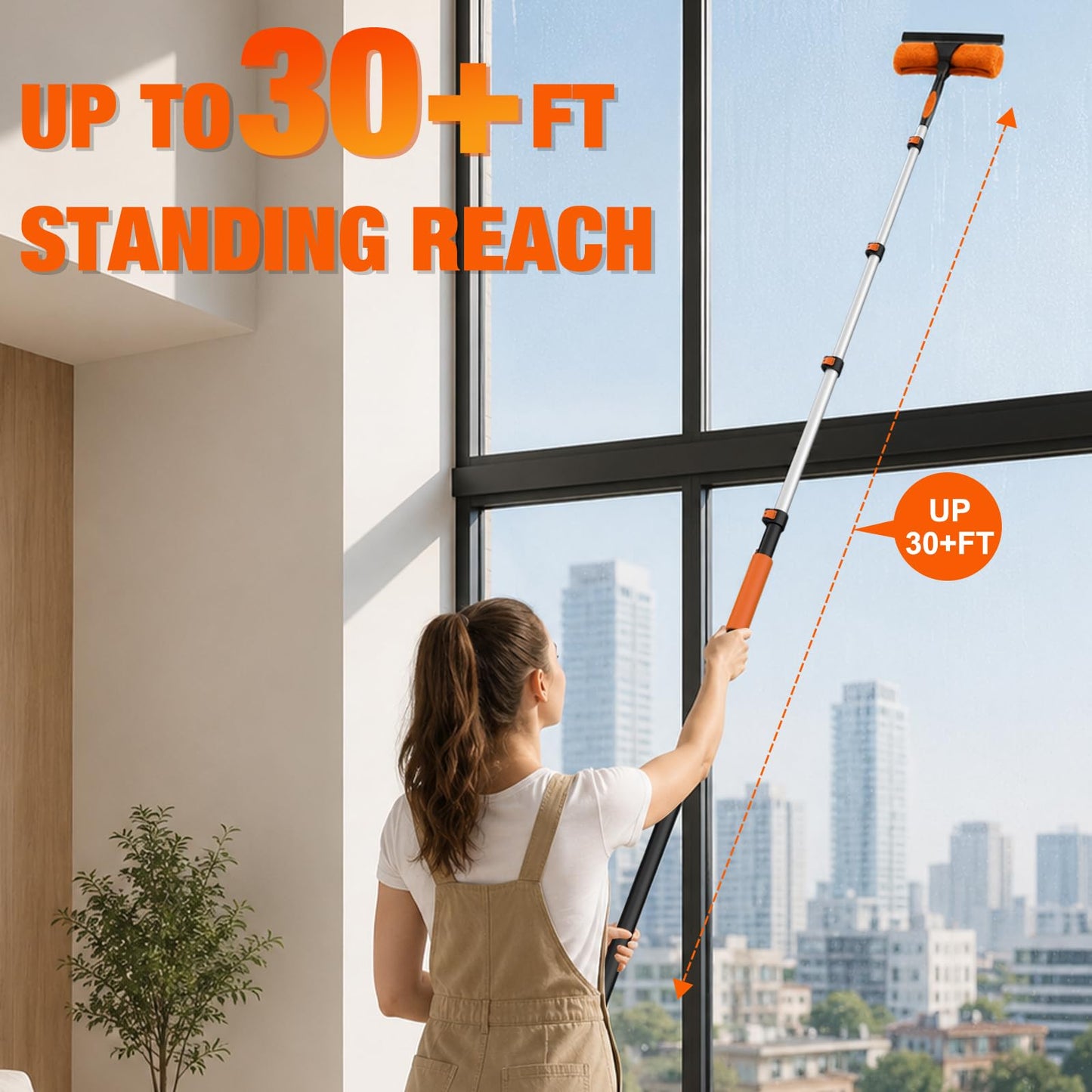 LAANPOLE 36FT Window Squeegee with Extension Pole, 2-in-1 Squeegee for Window Cleaning, Professional Cleaning Kit for Home with 30FT Telescoping Pole for Outdoor Indoor Use