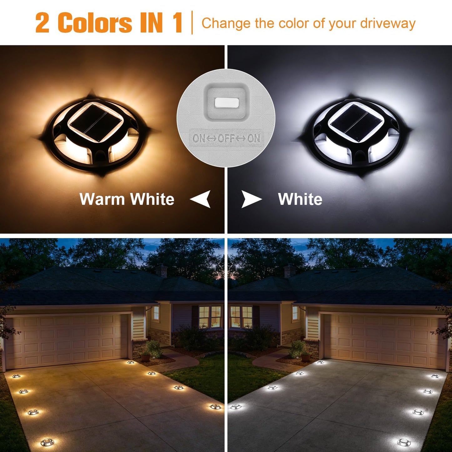 VOLISUN Solar Driveway Lights Dock Marine Lights 20 Pack,2 Colors in 1,Outdoor IP67 LED Deck Light,Solar Powered Waterproof Warning Step Light for Driveway Sidewalk Pathway (White/Warm White)