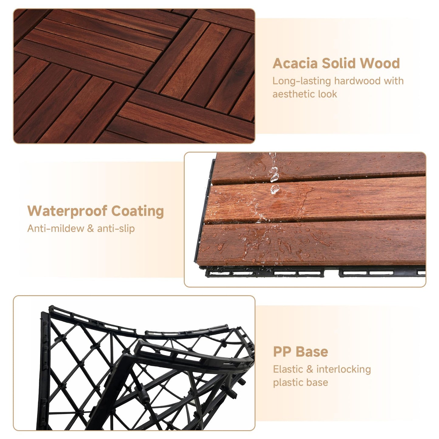 Rovibek Acacia Wood Interlocking Deck Tiles, 30PCS 12"x12" Outdoor Waterproof Decking Tiles, All Weather Use for Balcony Patio Backyard Poolside, Indoor & Outdoor, Striped Brown