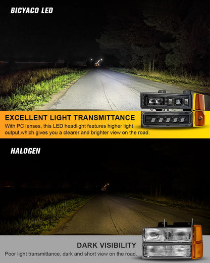 BICYACO 5-in-1 DOT LED Headlight Assembly with Turn Signal Side Marker, Anti-Glare 6600LM Hi/Lo Beam, IP67 Waterproof, Plug N Play for OBS 1994-1999 Chevy Silverado Tahoe Suburban C/K 1500 2500 3500