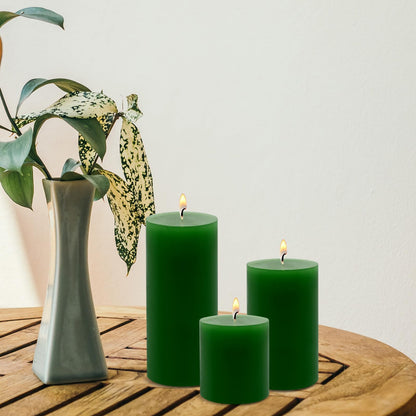 Pillar Candles Set of 3 – Unscented Dripless Rustic Green Candles for Home Decor, Weddings, Table Settings (3” W x 3”, 4”, and 6” H)