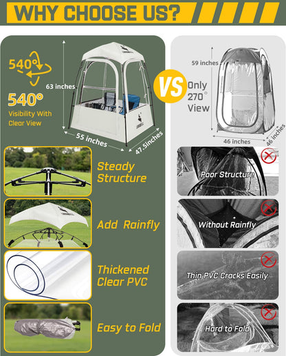 LANGWILL Pod All Weather Sports Tent, Outdoor Pop Up Bubble Clear 540° View Winter Tent for 1-2 Person, Instant Cold Weather Shelter with Rainfly for Soccer, Football, Softball & Other Sports Events