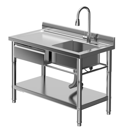 GarveeTech 39.4" Commercial Stainless Steel Utility Sink – Free Standing Single Bowl with Drawer & Hot/Cold Water Pipe for Kitchen, Laundry Room, Garage, Restaurant | Heavy-Duty Sink Station