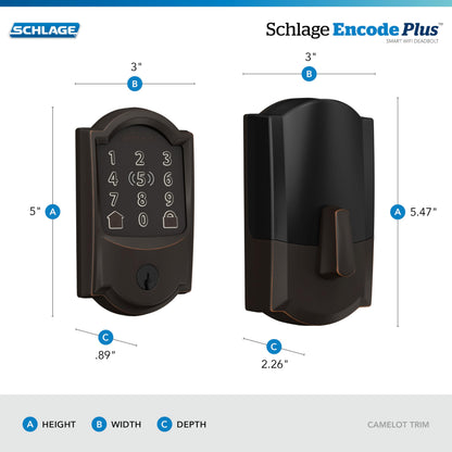 Schlage BE499WB CAM 619 Encode Plus WiFi Deadbolt Smart Lock, Keyless Entry Touchscreen Door Lock with Camelot Trim, Satin Nickel