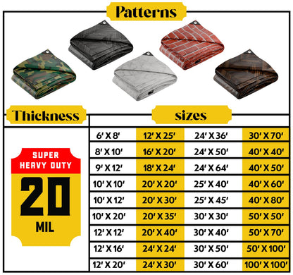 Core Tarps Extreme Heavy Duty 20 Mil Tarp Cover, Waterproof, UV Resistant, Rip and Tear Proof, Poly Tarpaulin with Reinforced Edges for Roof, Camping, Patio, Pool, Boat (Camouflage/Green 24′ X 30′)