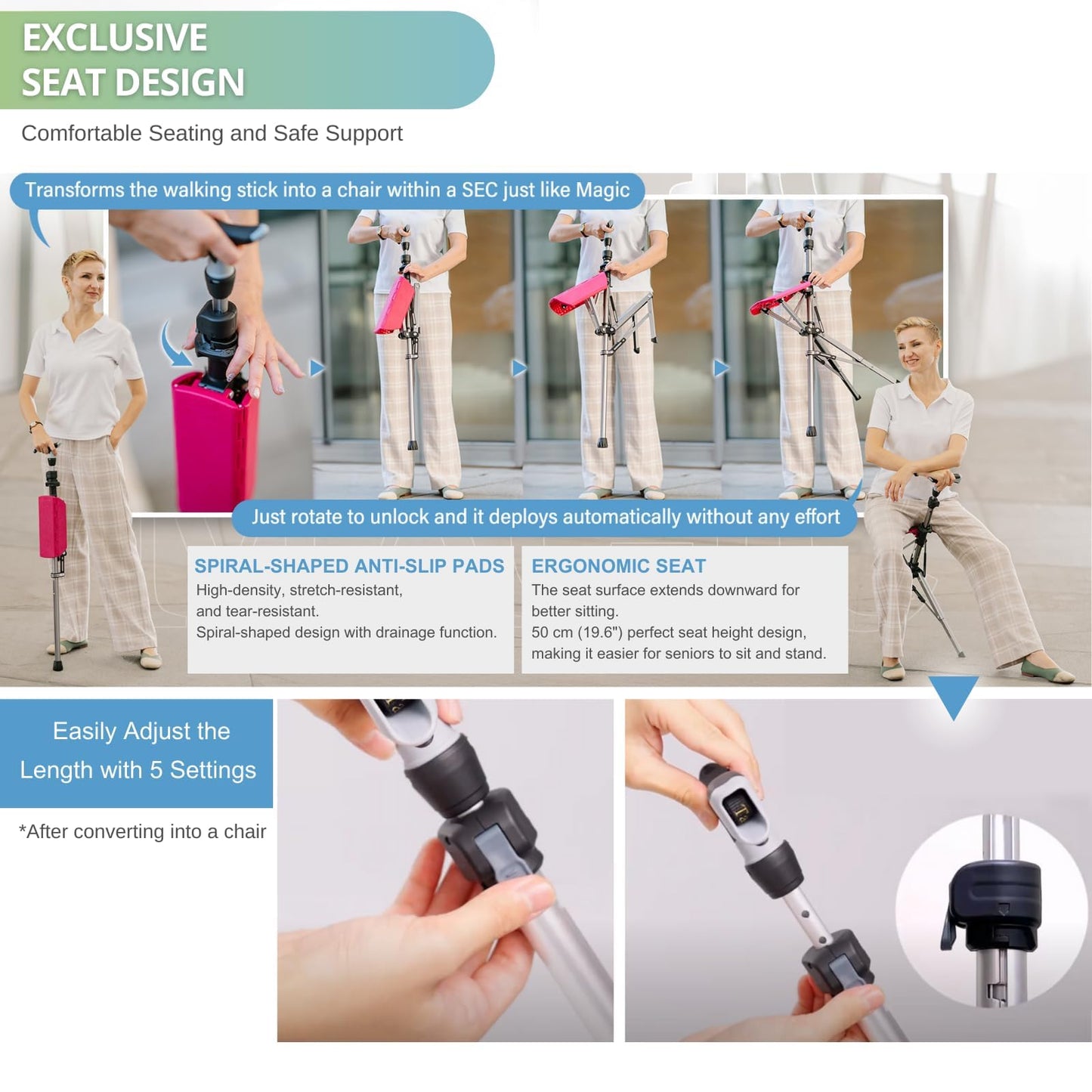 Ta-Da Chair Series 1 Pro, Portable Trekking Hiking Pole, Folding Walking Stick with Seat, Walking Cane with Chair, Foldable Chair, Lightweight Aluminum, Easy Carry and Storage, Anti-Slip, Black