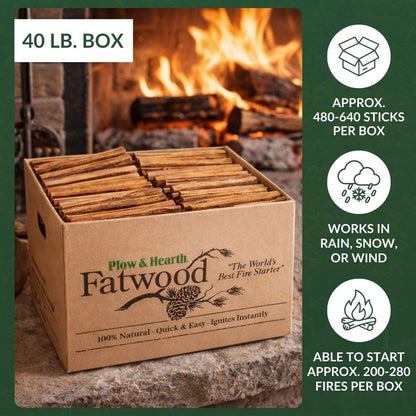 Plow & Hearth 40 LB Fatwood Fire Starter, Organic Kindling Sticks, Non Toxic All Natural Firestarters for Wood Stoves Fireplaces Campfires Fire Pits, Easy Ignition Fat Wood