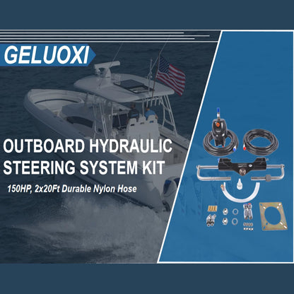GELUOXI 150HP Marine Outboard Hydraulic Steering Kit with Dual-Lock Cylinder, High-Pressure Pump (6.9mpa/1000psi), 2X 20ft Durable Nylon Hose (5/16") for Single-Engine Boats