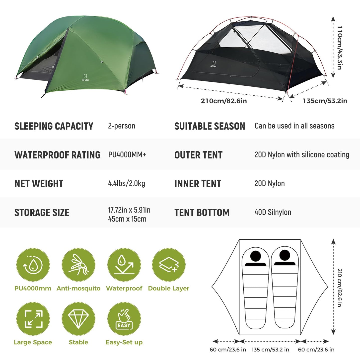 ATEPA Voyage 2 Person Backpacking Tent, 4 Season Camping Tent Two Person, 4000mm Waterproof 20D Nylon Rainfly & Aluminum Frame for Backpacking Hiking Outdoor Car Camping Motorcycle Cycling, Green