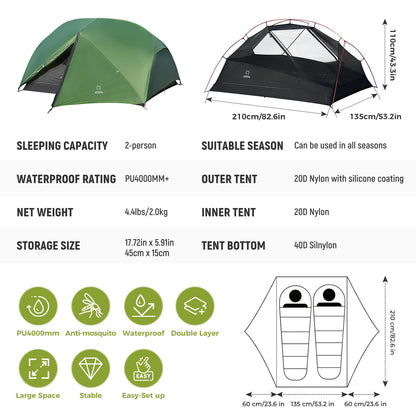 ATEPA Voyage 2 Person Backpacking Tent, 4 Season Camping Tent Two Person, 4000mm Waterproof 20D Nylon Rainfly & Aluminum Frame for Backpacking Hiking Outdoor Car Camping Motorcycle Cycling, Green